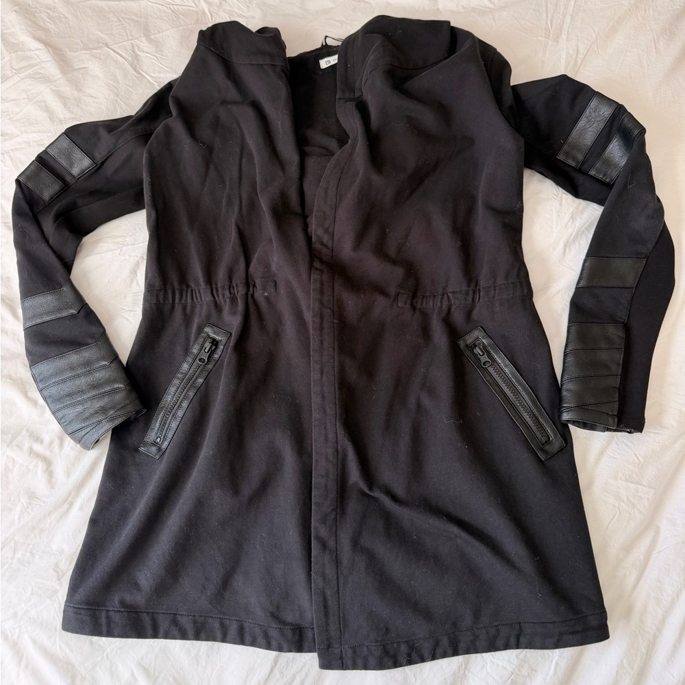 Black Sweatshirt Cardigan with Faux-Leather Accents